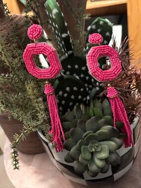 Bold Hot Pink Beaded Tassel Earrings in